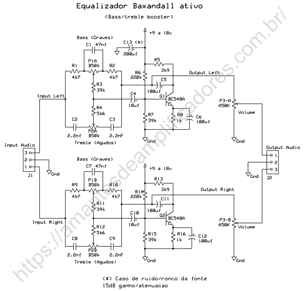 circuito equalizador baxandall ativo (bass/treble booster)