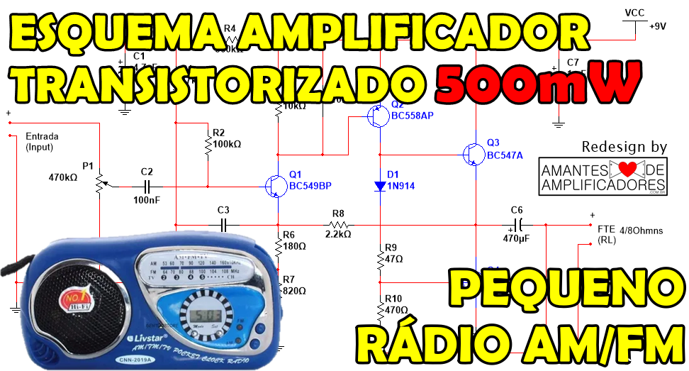 amplificador transistorizado 500w rádio am fm