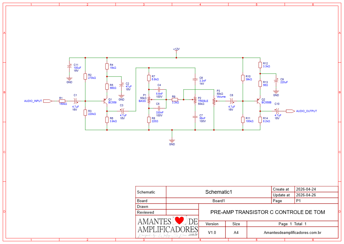 Esquema pré-amplificador com controle de tonalidade