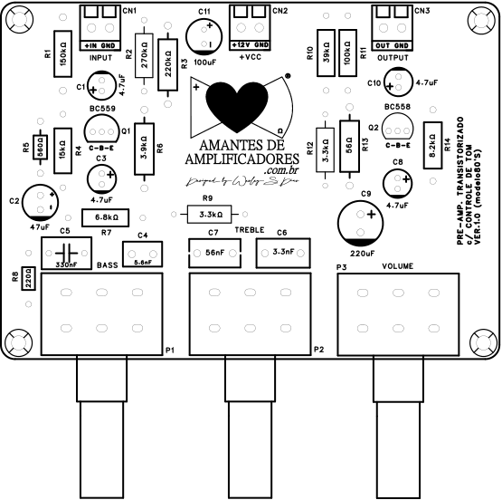 desenho pré-amplificador transistor com controle de tom baxandall