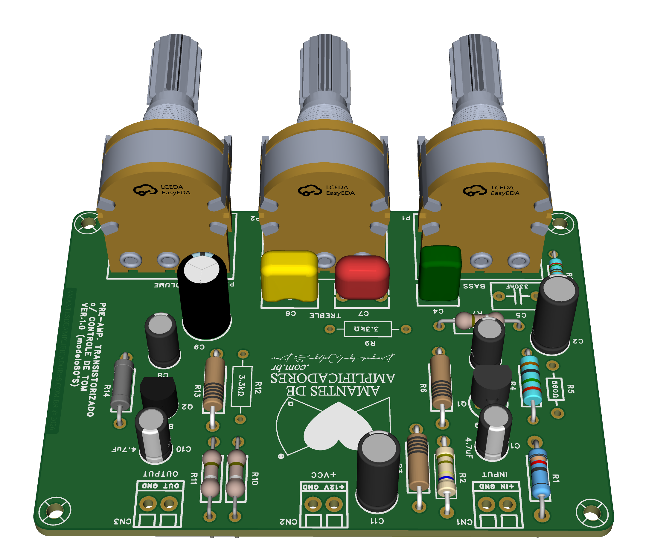 Pré-amplificador com controle de tonalidade - Esquema + PCB