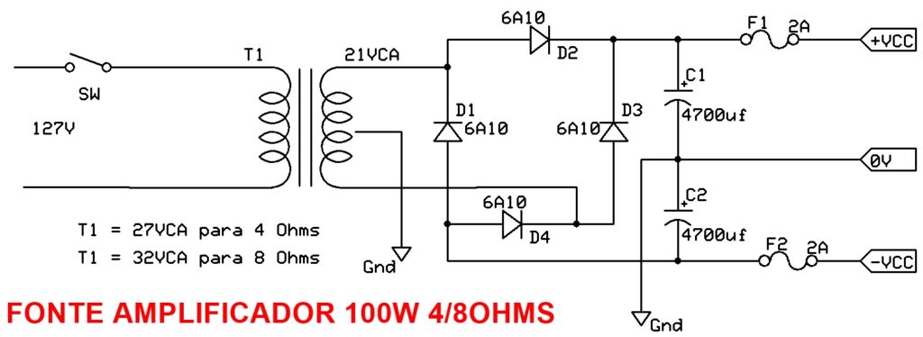 fonte amplificador 100w transistorizado