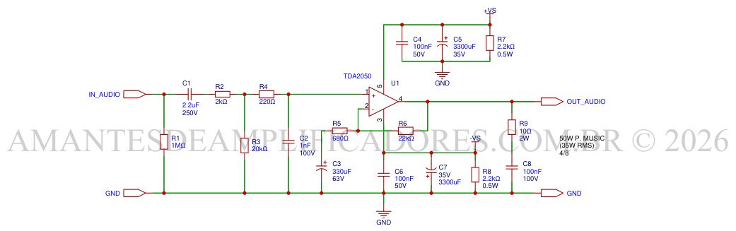 esquema amplificador tda2050 fonte simétrica