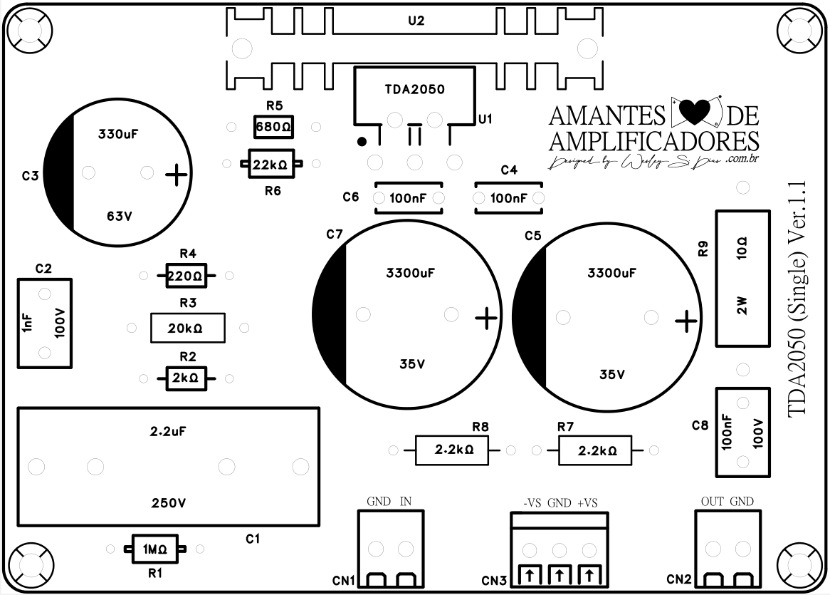 silk screen amplificador tda2050 fonte simétrica