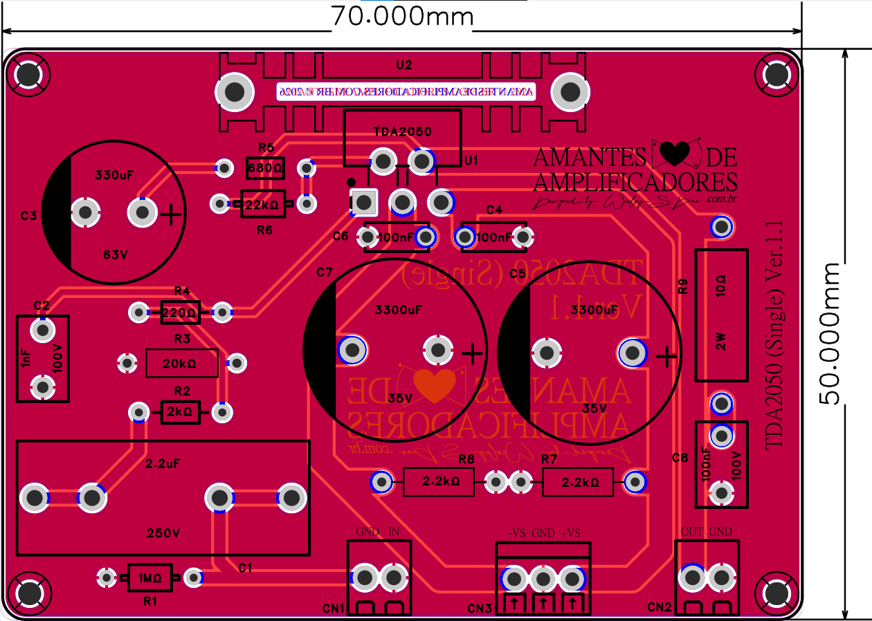 placa pcb amplificador tda2050 fonte simétrica