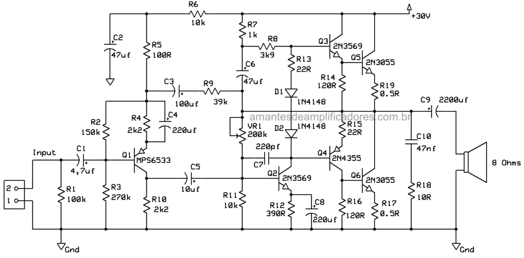 Equema amplificador de som 50w transistorizado com dois 2n3055.