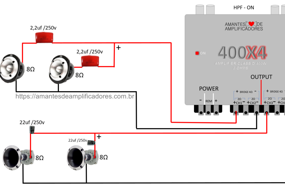 esquema ligação 2 cornetas e 2 tweeter paralelo e sozinhos no módulo