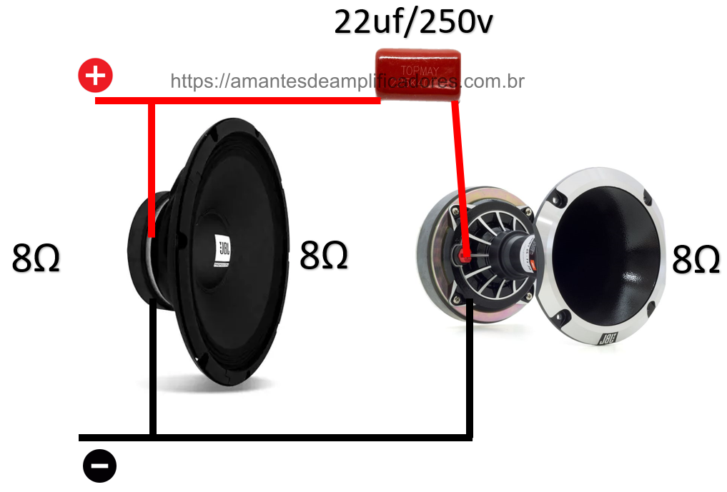 ligação alto-falante woofer e drive de corneta juntos com capacitor em série