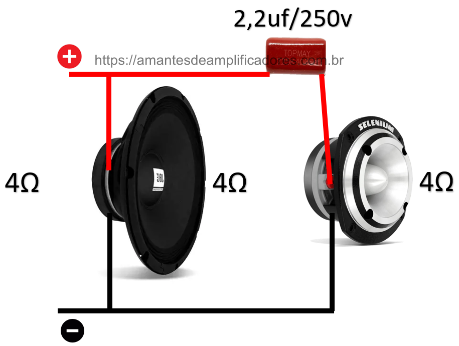 ligação alto-falante woofer e tweeter juntos com capacitor em série