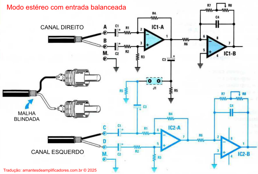 ligação estéreo com entrada balanceada xlr do amplificador automotivo igbt 200w rms