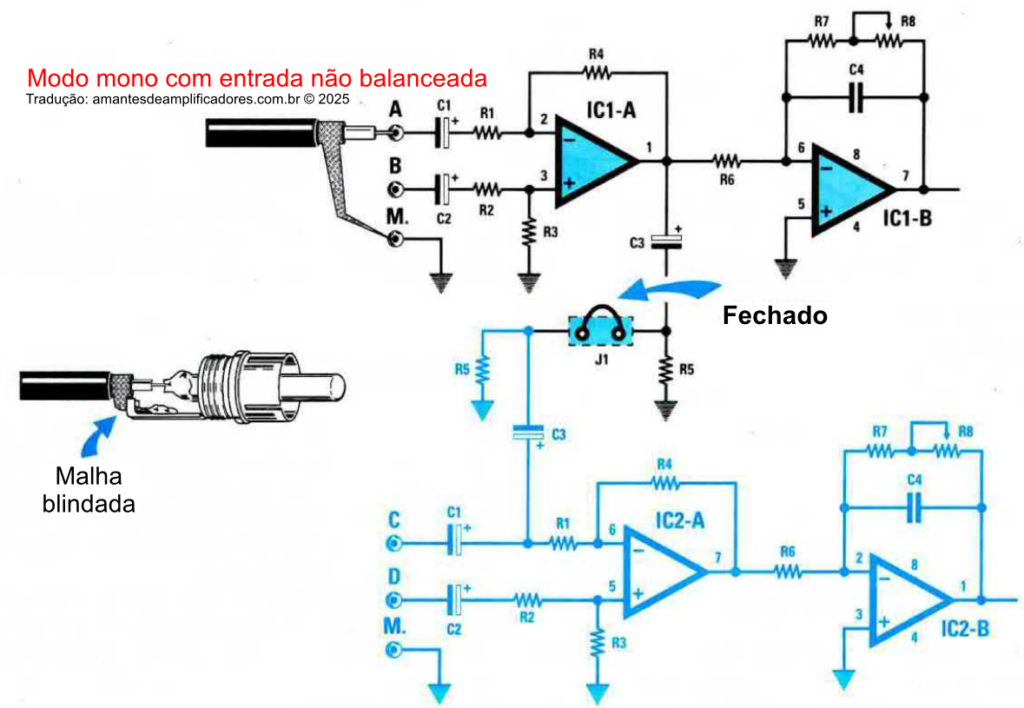 ligação mono com entrada não balanceada do amplificador automotivo igbt 100w rms