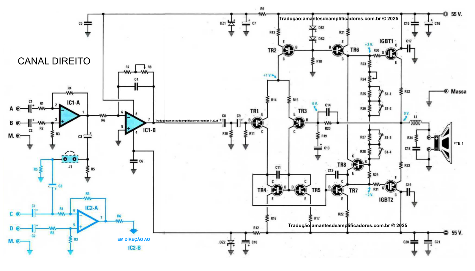 esquema amplificador automotivo igbt 100W RMS estéreo ou mono (em ponte) com entrada balanceada (xlr) e não balanceada.