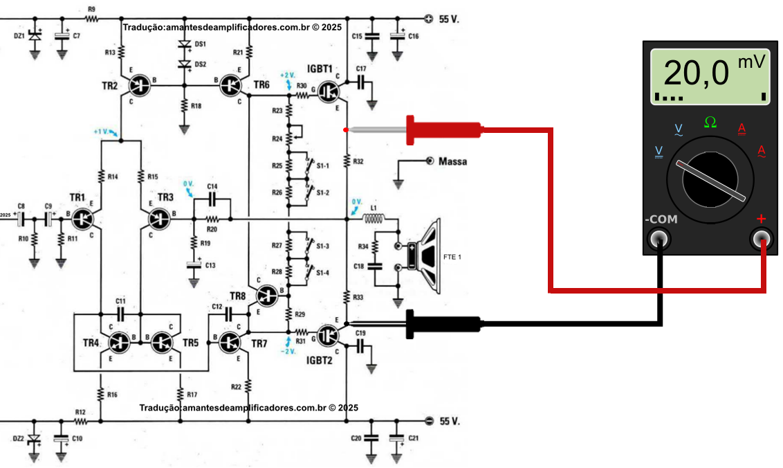 ajuste da corrente quiescente do amplificador automotivo igbt 100w rms