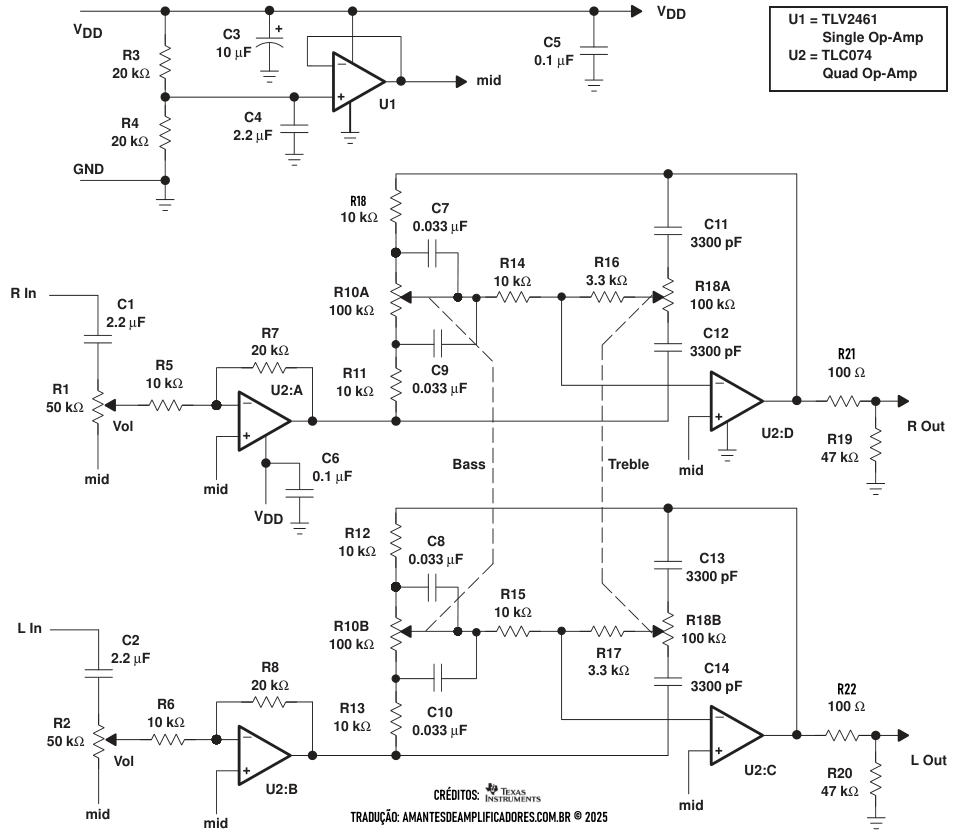Esquema de controle de tom ativo estéreo baxandall com fonte tl074