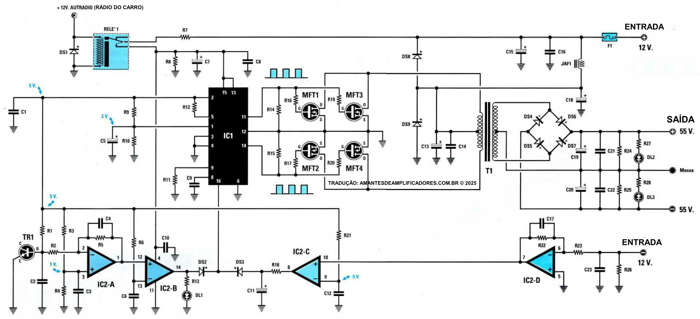 inversor de tensão 12v para módulo amplificador de som automotivo