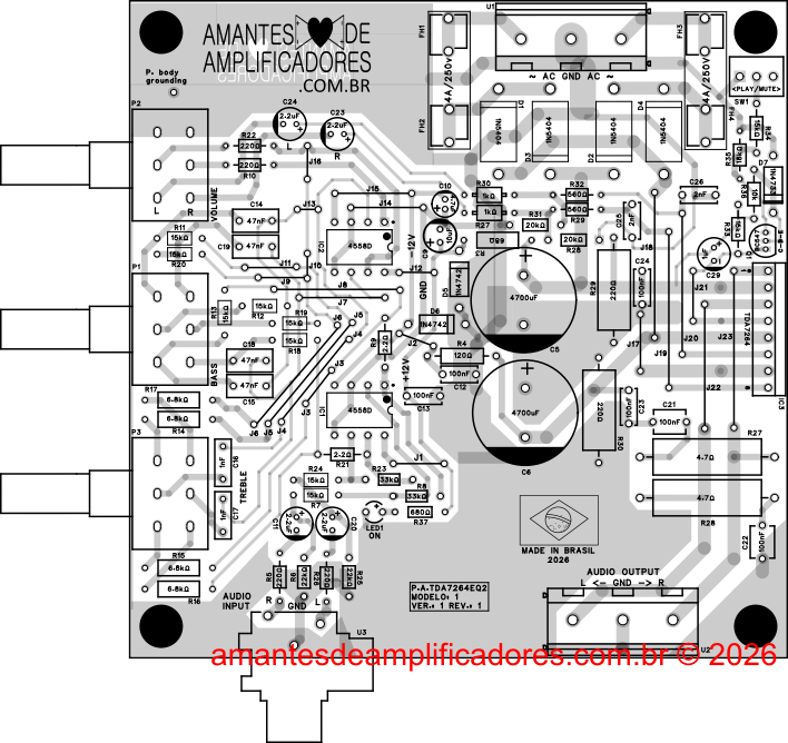 visão dos componentes e silk sreen da placa amplificador tda7264 pdf