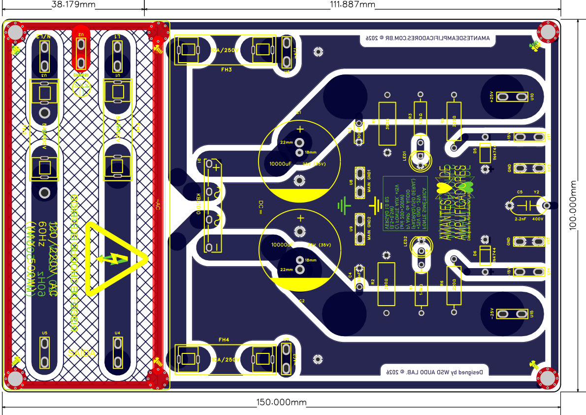 visão compoente placa PCB fonte simétrica para amplificador 50v com ponte retificadora