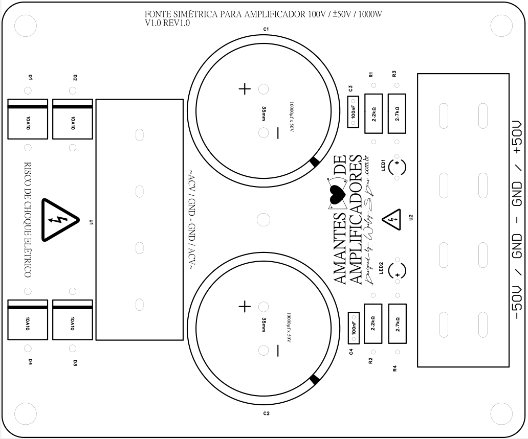 desenho fonte simétrica 100v para amplificador de som