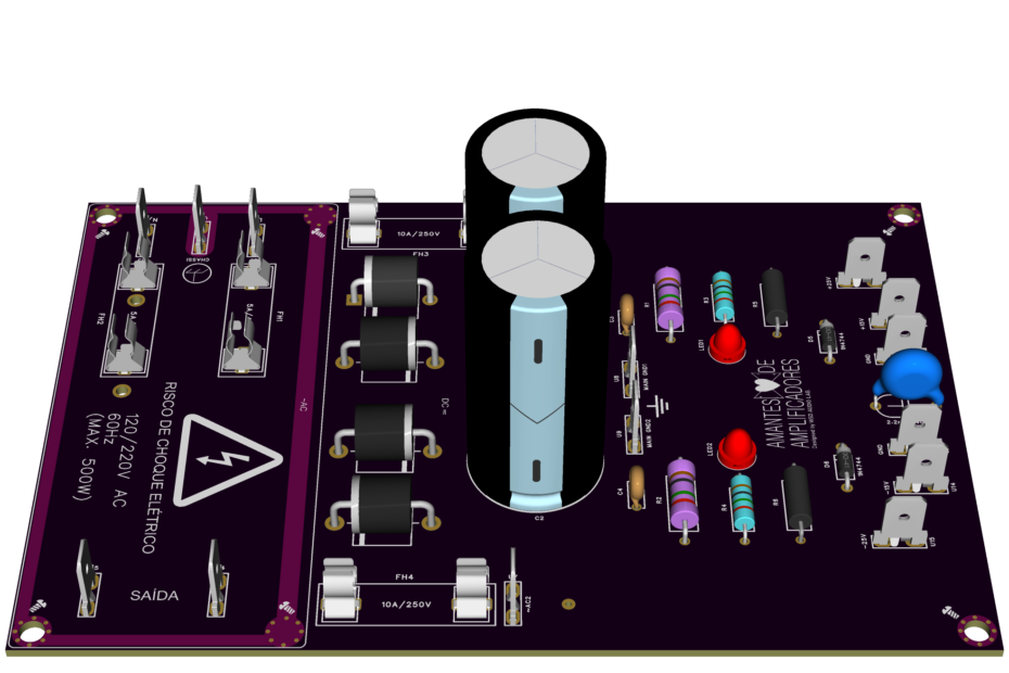 placa montada 3d placa pcb fonte simétrica para amplificador de áudio de potência 50v