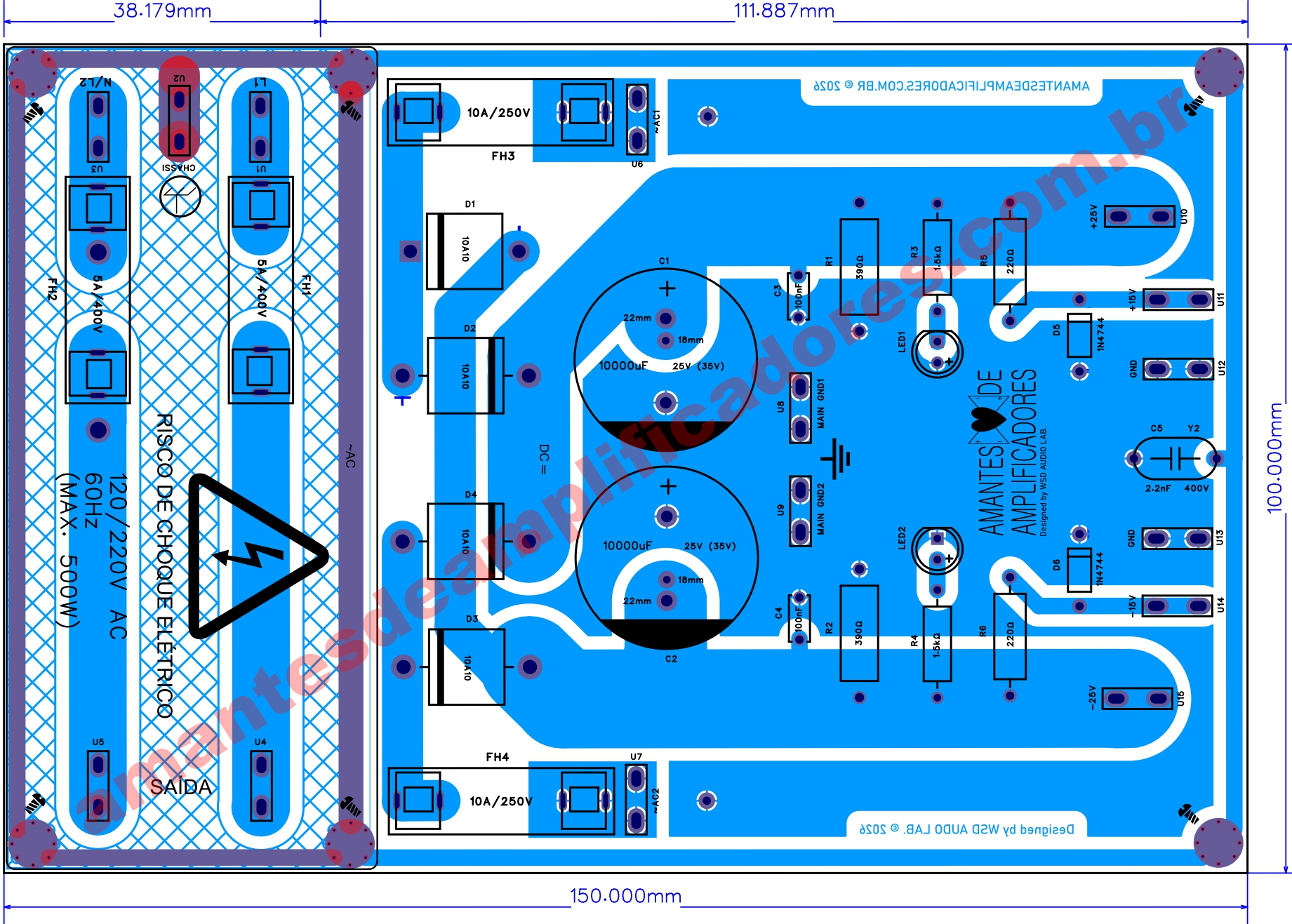 visão dos componentes pcb fonte simétrica para amplificador 50v