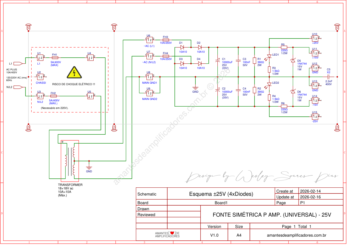 esquema fonte simétrica para amplificador 50v de áudio de 500w potência