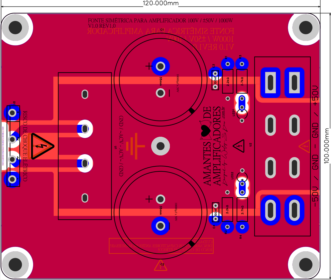 placa fonte simétrica 50 50v para amplificador com ponte de diodo