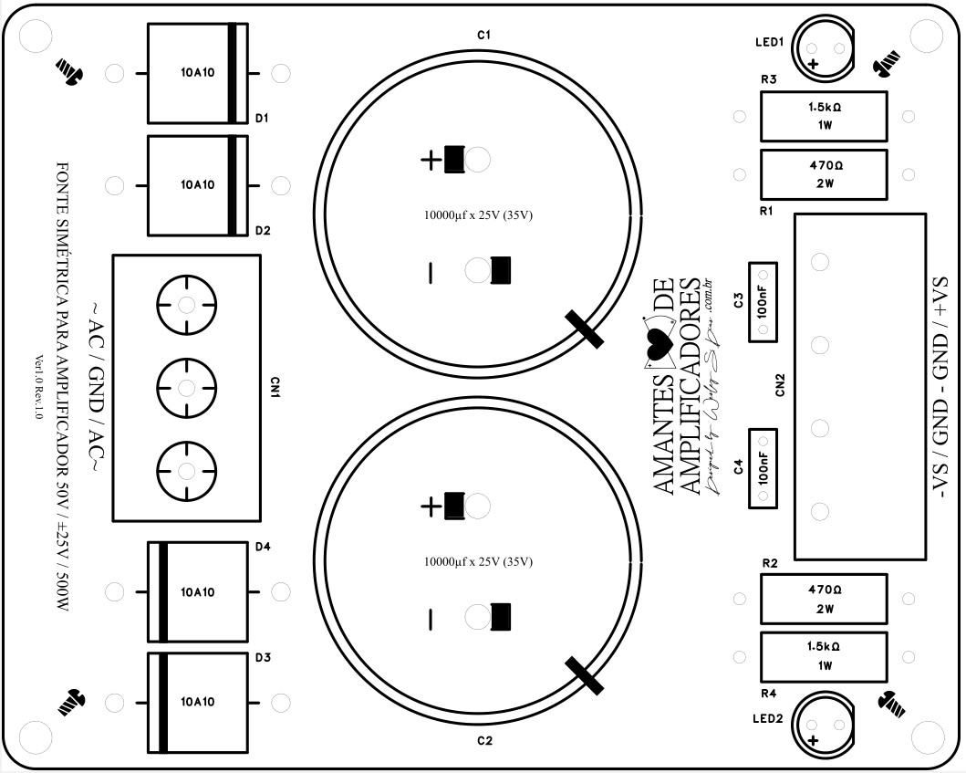 diagrama fonte simétrica 50v para amplificador de som