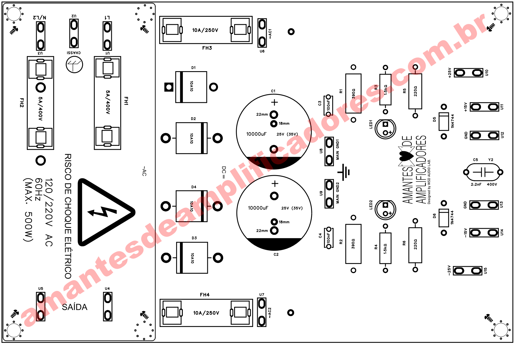 silk screen placa pcb fonte simétrica para amplificador 50v
