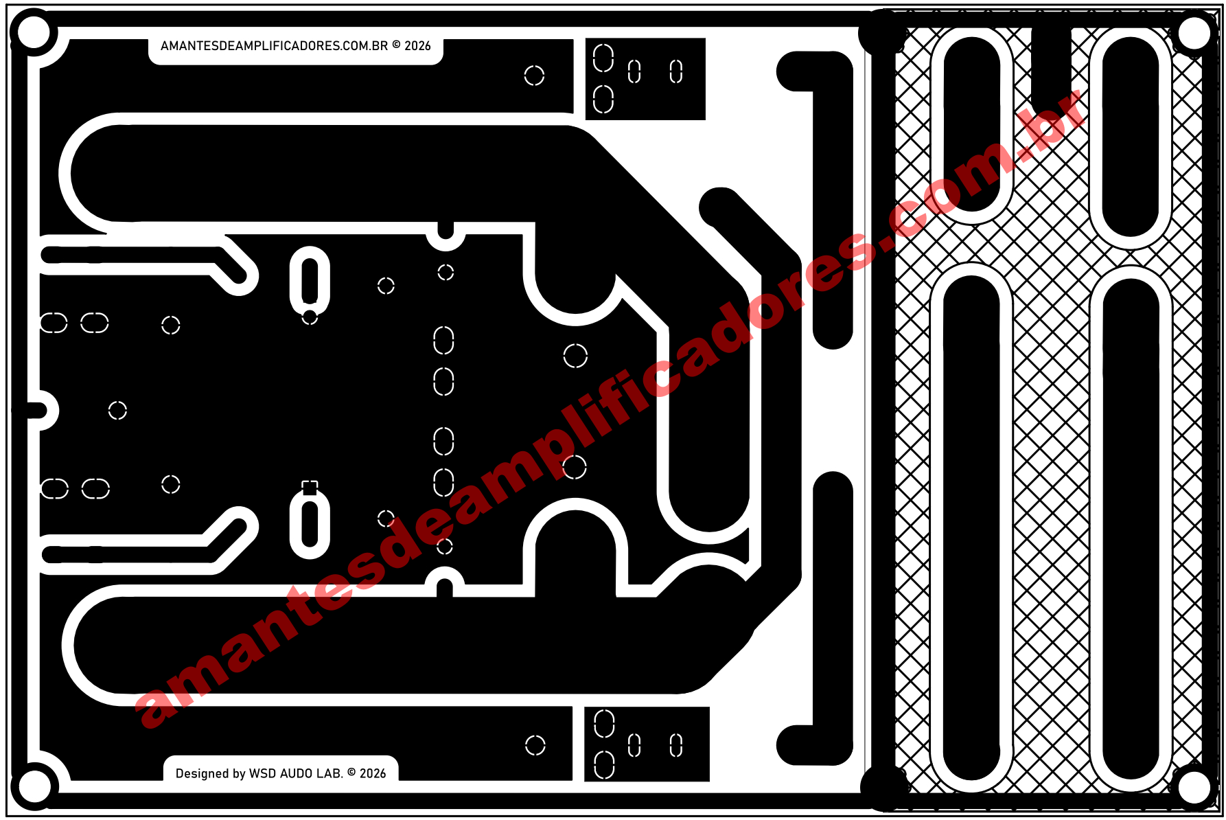 placa pbc com ilhas e trilhas da fonte simétrica para amplificador 50v