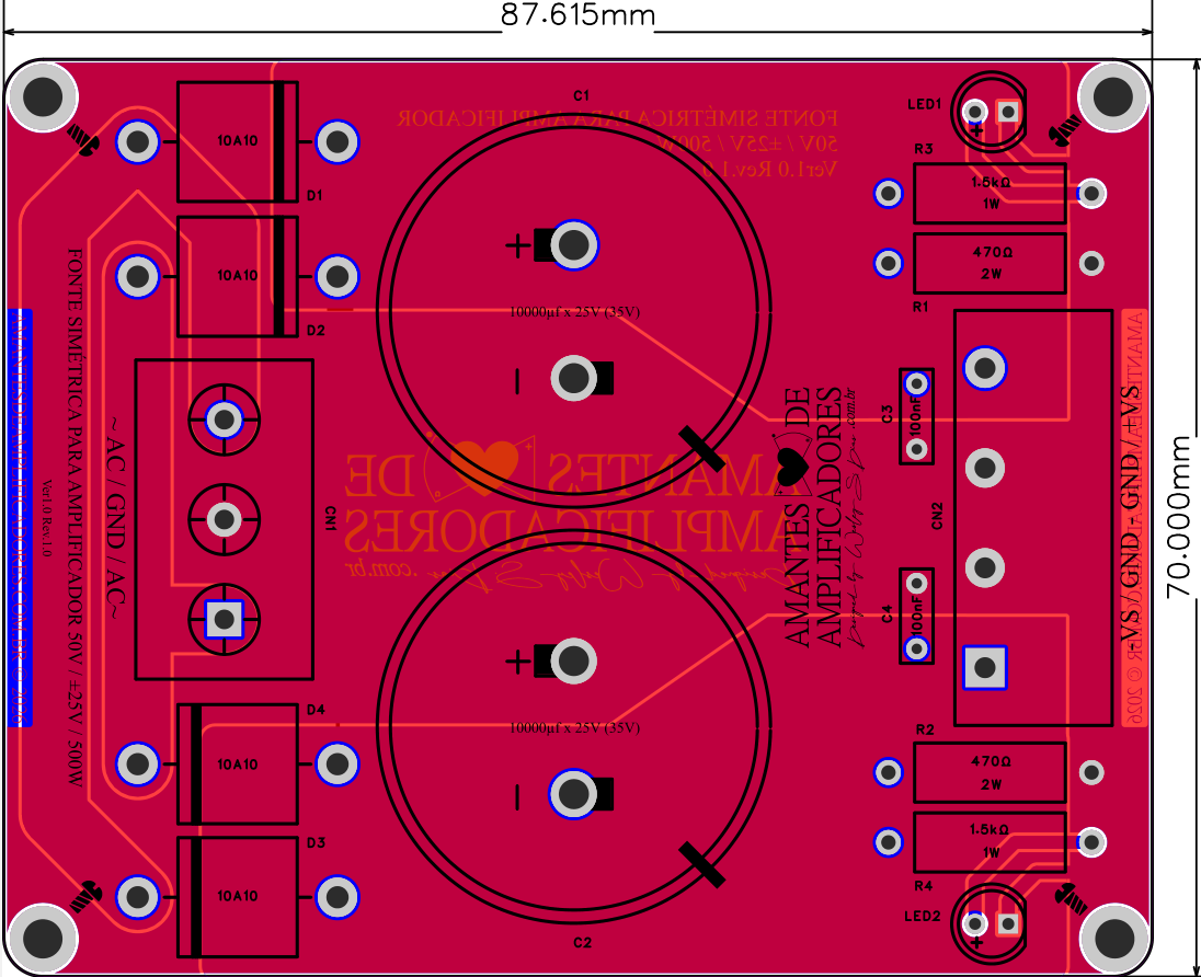 placa fonte simétrica 50v para amplificador de som