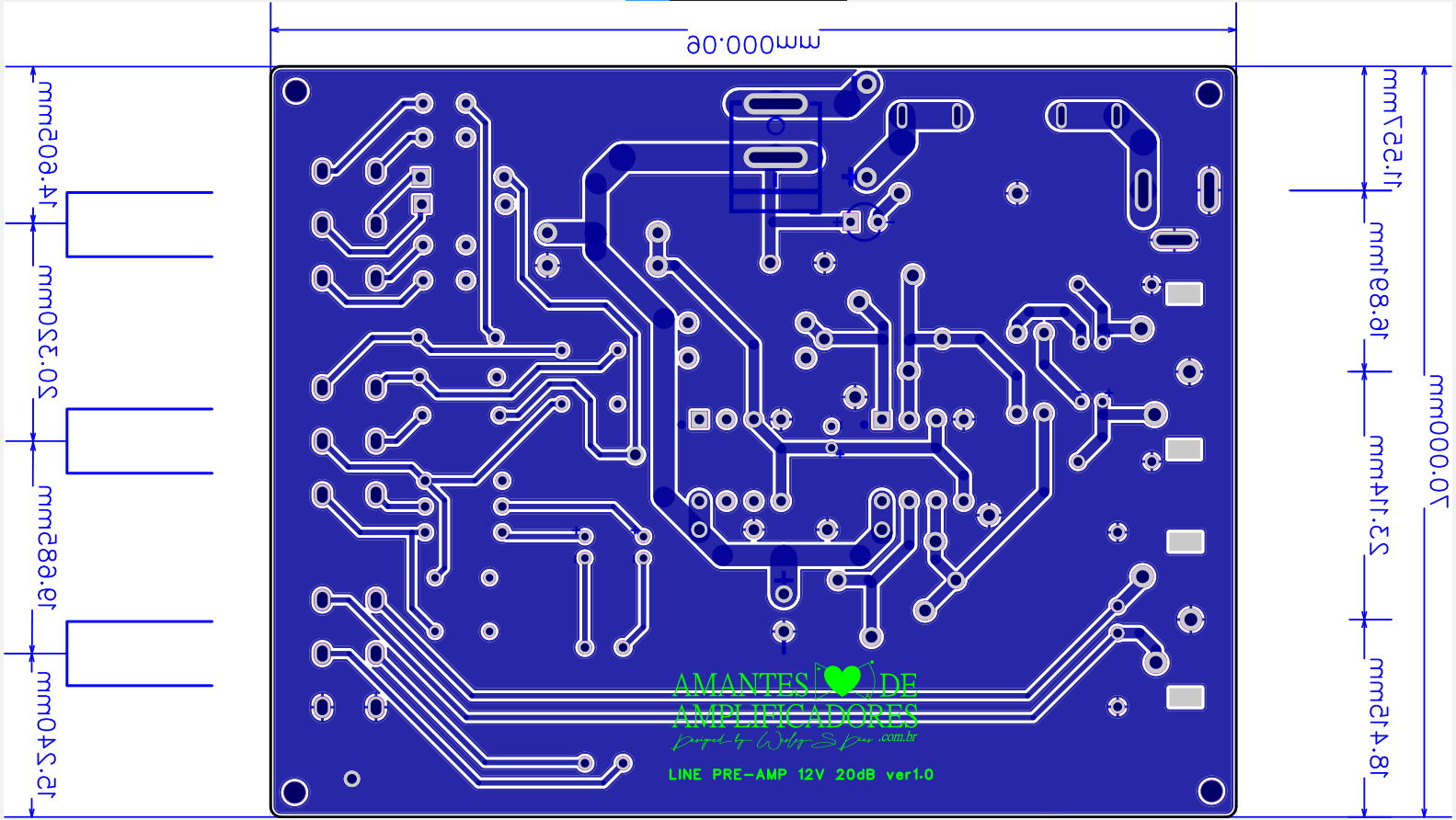 pcb bottom layer pré amplificador com 4558 stereo caseiro na saída