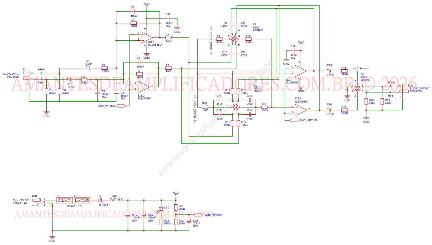 equema pré amplificador com 4558 stereo caseiro 12v