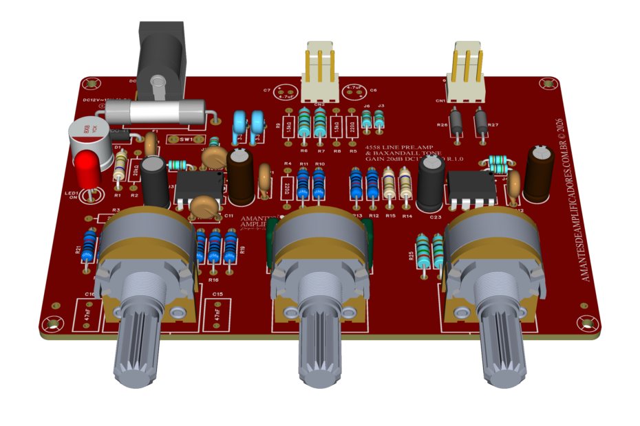 placa pré-amplificadora 12v com 4558d