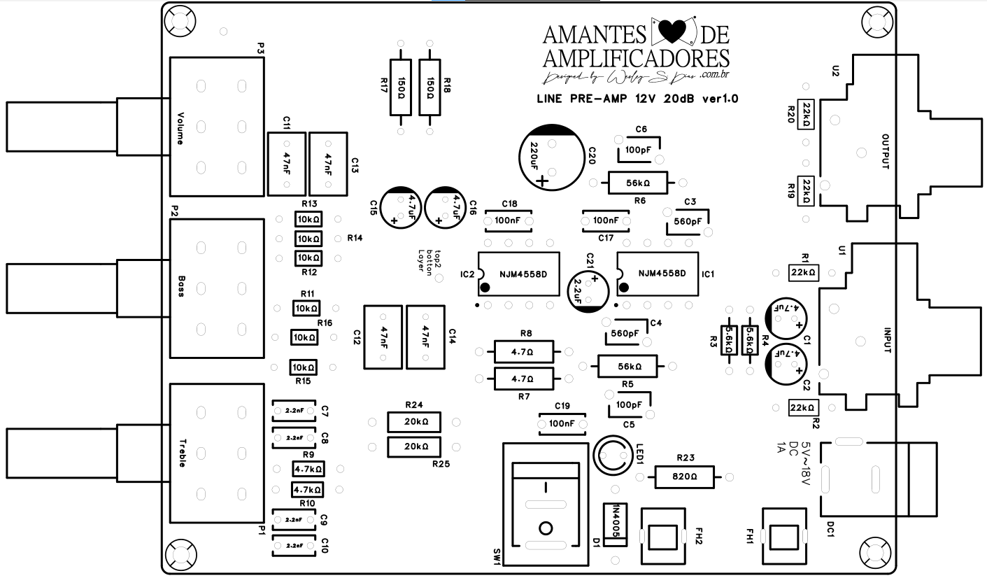 pcb top silk screen pré amplificador com 4558 stereo caseiro na saída