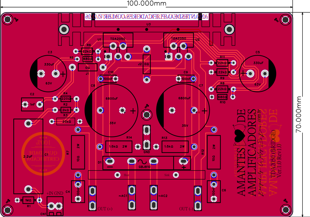 placa para amplificador tda2050 bridge para subwoofer