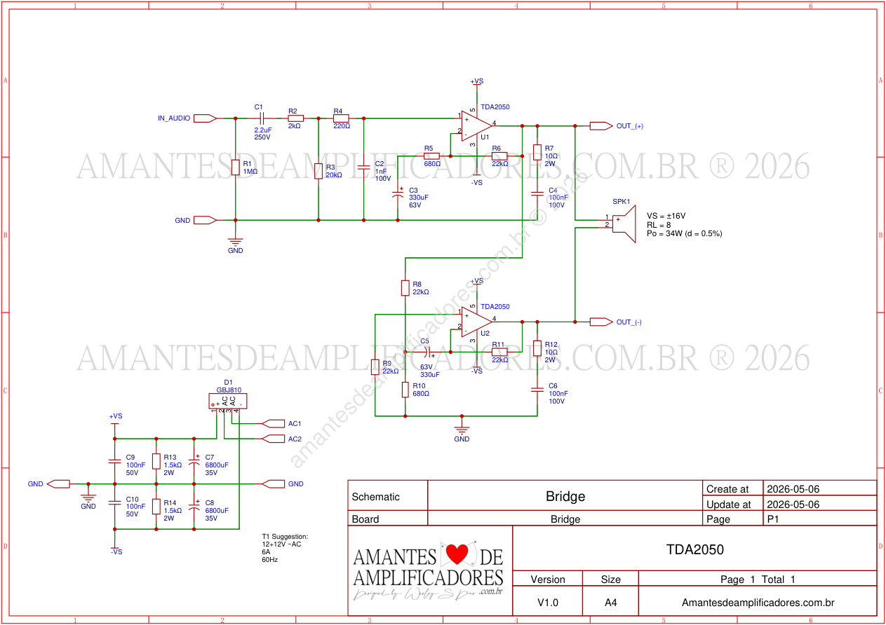 esquema amplificador tda2050 bridge para subwoofer