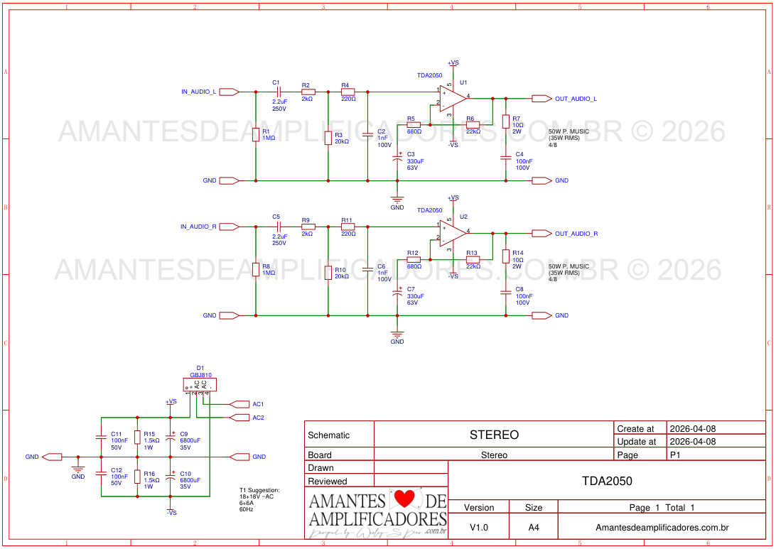 esquema amplificador tda2050 stereo