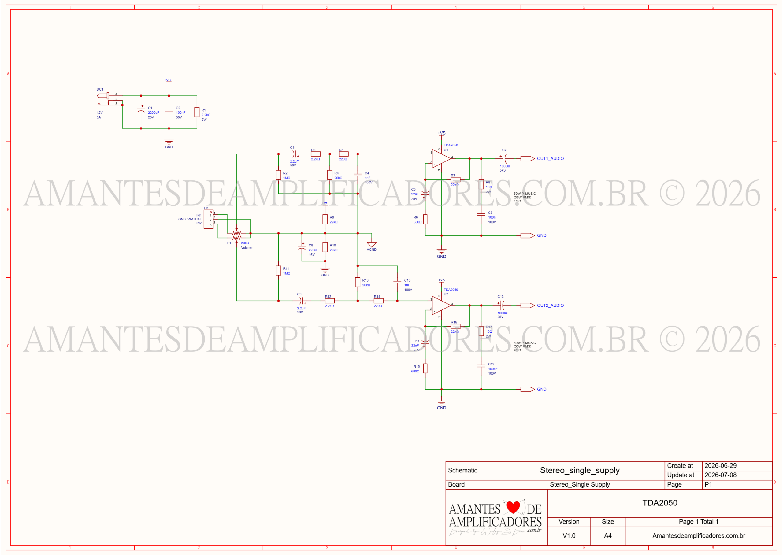 esquema amplificador tda2050 12v