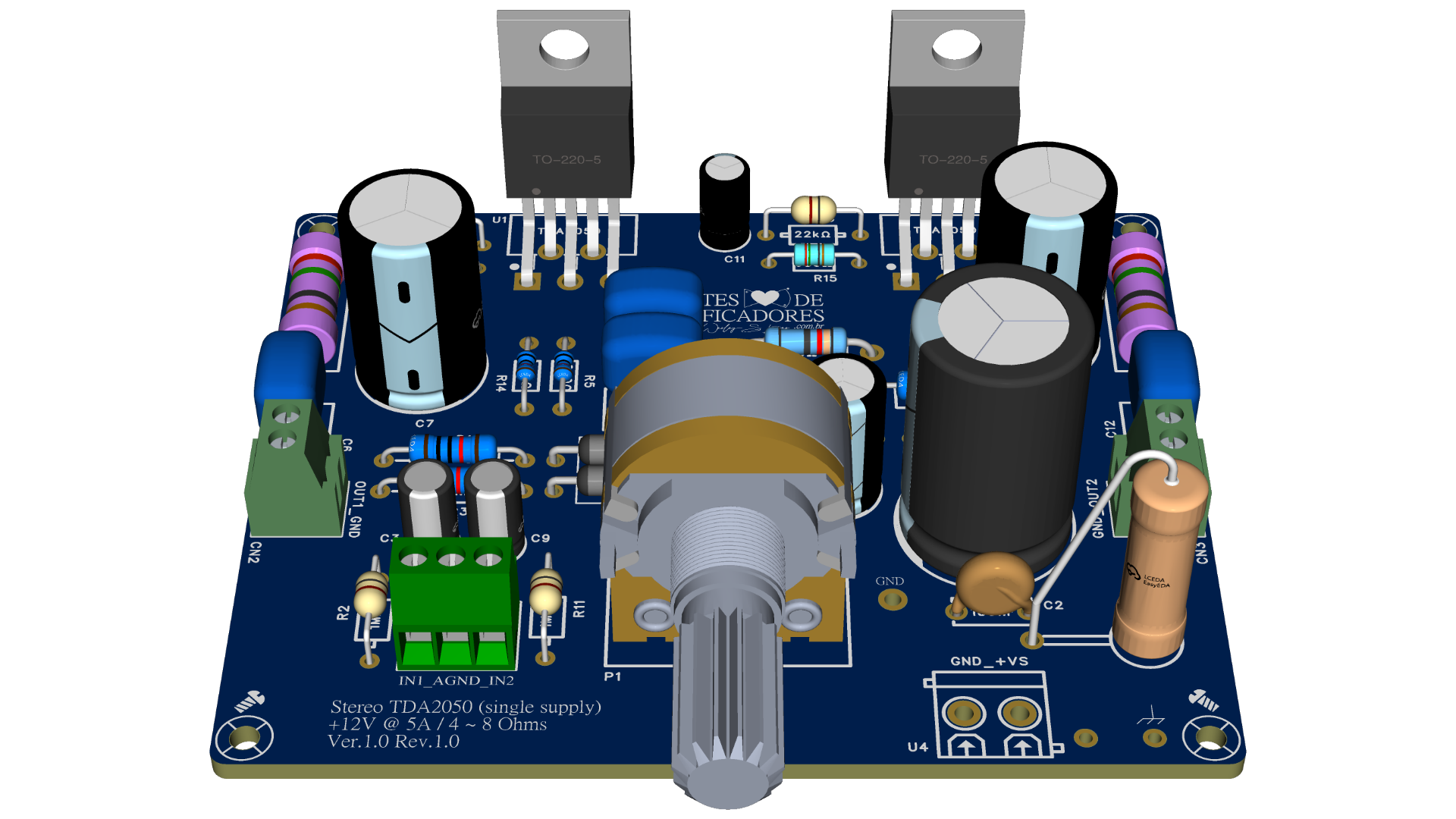 Amplificador TDA2050 12V Stereo - Esquema & PCB (Download)