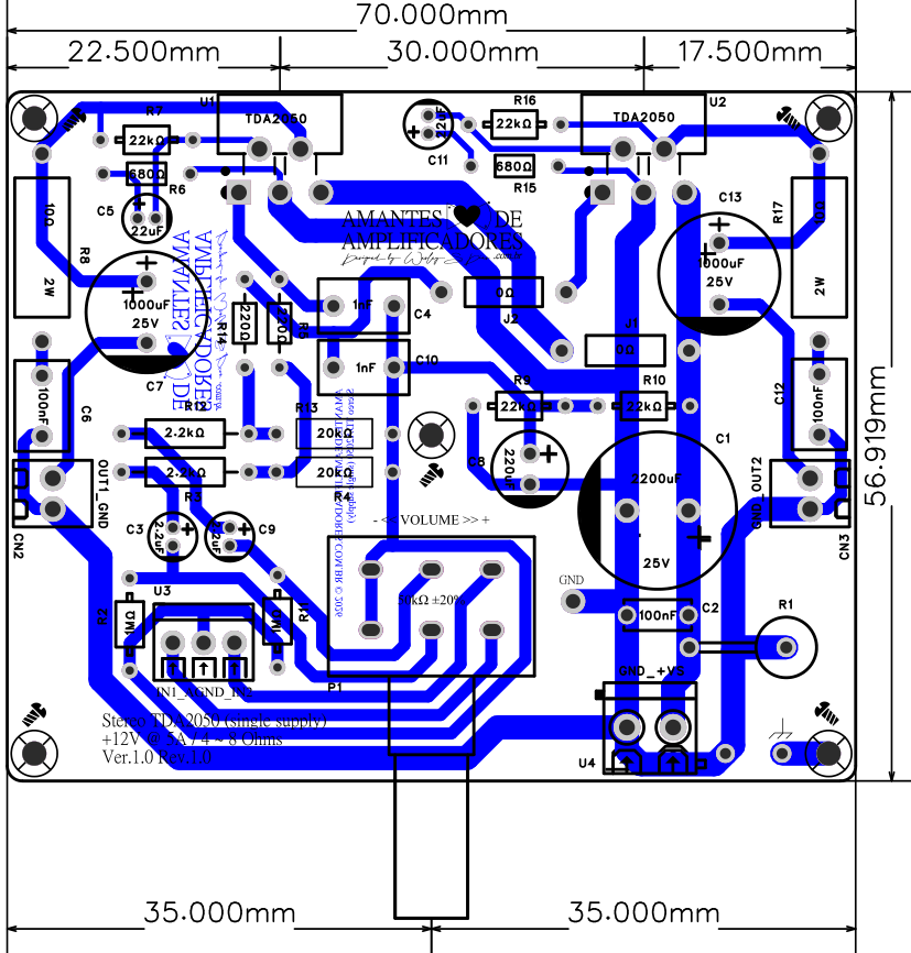 placa pcb amplificador tda2050 12v